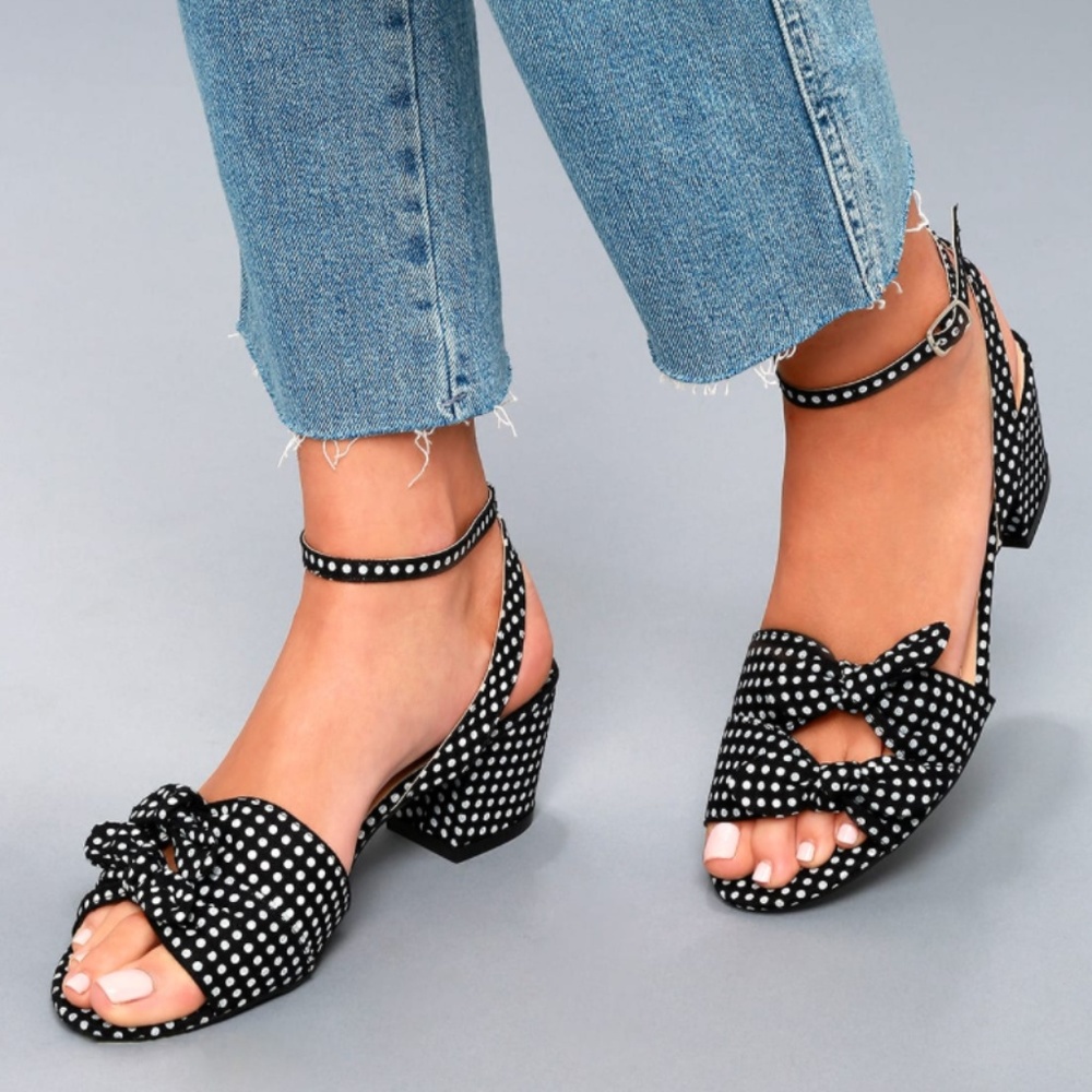 Black Polka Dot Block Heel Bow Sandals